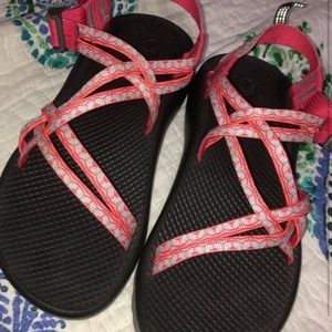 Pink and white chacos